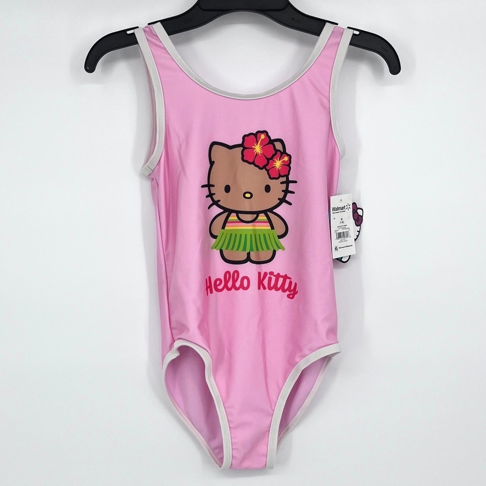 Hello Kitty Girls Pink Hula One Piece Swimsuit UPF 50+ Size M 7/8 Beach Swim NEW